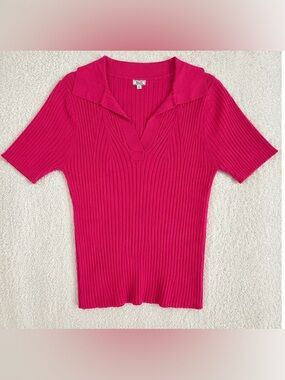 Boutique 2Bella - Bright Fuchsia Ribbed Polo Knit Top